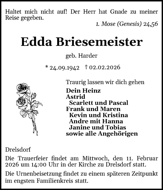 Traueranzeige von Edda Briesemeister von Husumer Nachrichten, Nordfriesland Tageblatt