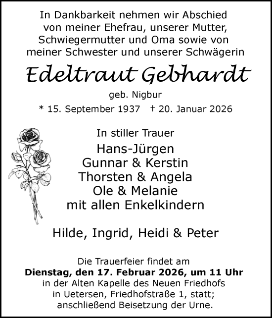 Traueranzeige von Edeltraut Gebhardt von Uetersener Nachrichten, Der tip am Wochenende