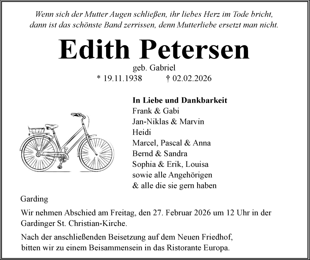  Traueranzeige für Edith Petersen vom 06.02.2026 aus Husumer Nachrichten, Nordfriesland Tageblatt