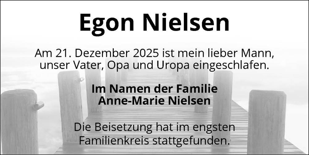  Traueranzeige für Egon Nielsen vom 07.02.2026 aus Flensburger Tageblatt