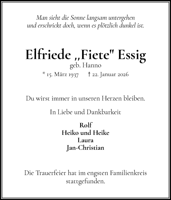 Traueranzeige von Elfriede Essig von Wedel-Schulauer Tageblatt, tip Wedel-Schulauer Tageblatt, tip Rissener Rundschau