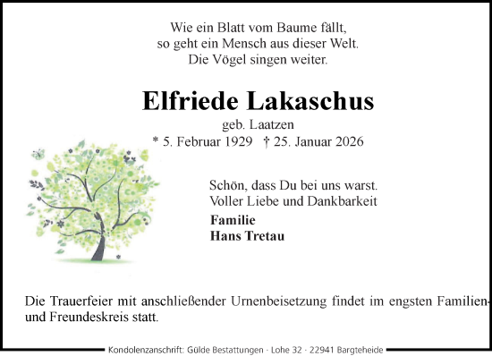 Traueranzeige von Elfriede Lakaschus von MARKT Bad Oldesloe/Reinfeld, MARKT Ahrensburg/Bargteheide/Trittau und Stormarner Tageblatt