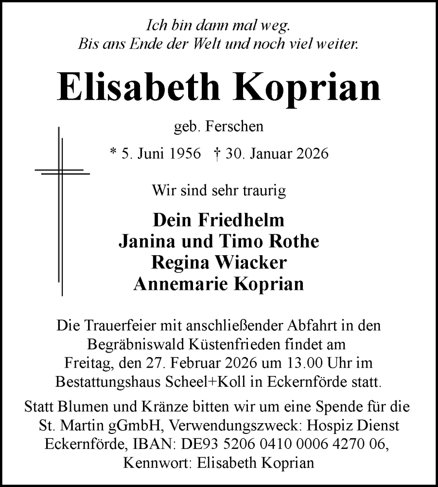  Traueranzeige für Elisabeth Koprian vom 21.02.2026 aus Eckernförder Zeitung, Hallo Eckernförde