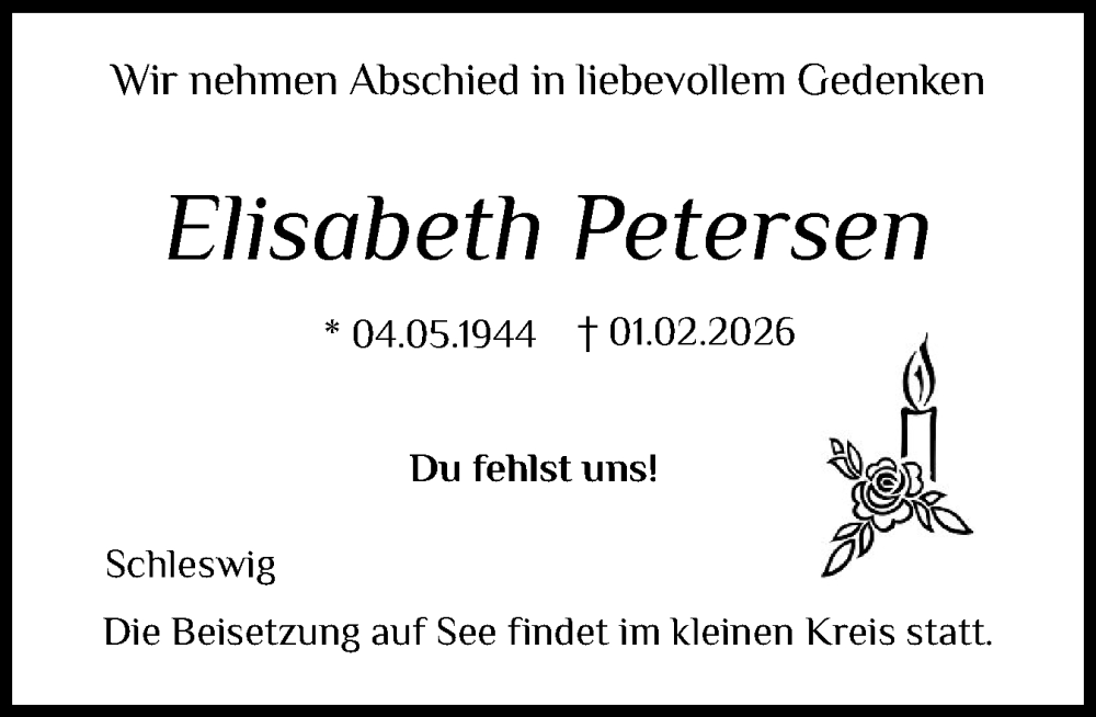  Traueranzeige für Elisabeth Petersen vom 07.02.2026 aus Schleswiger Nachrichten, Schlei-Bote