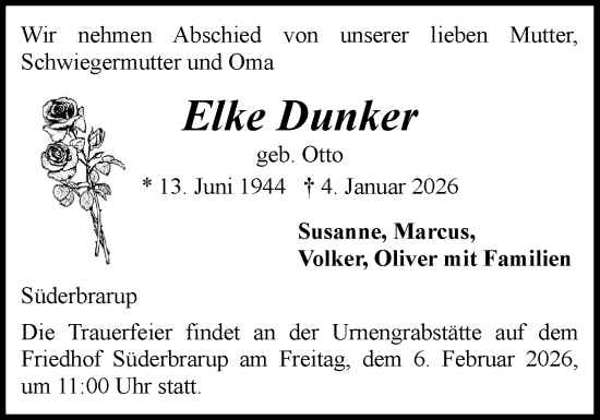 Traueranzeige von Elke Dunker von Schleswiger Nachrichten, Schlei-Bote