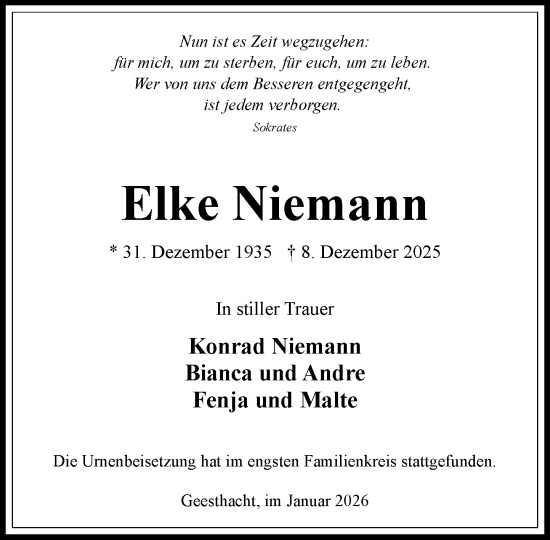 Traueranzeige von Elke Niemann von Wochenend Anzeiger