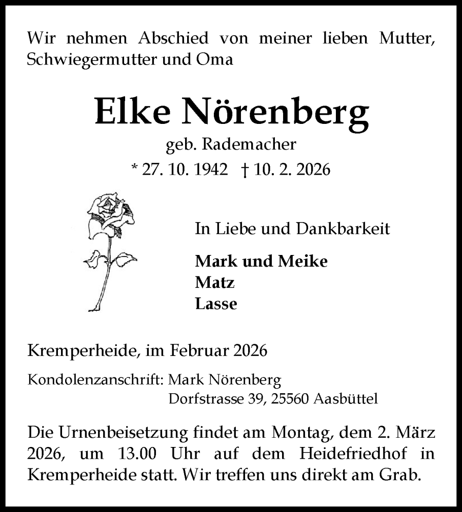  Traueranzeige für Elke Nörenberg vom 21.02.2026 aus Norddeutsche Rundschau, Wilstersche Zeitung, Glückstädter Fortuna