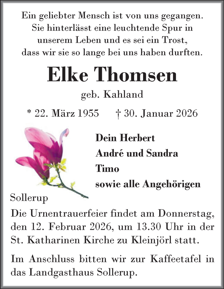  Traueranzeige für Elke Thomsen vom 07.02.2026 aus Region Flensburg