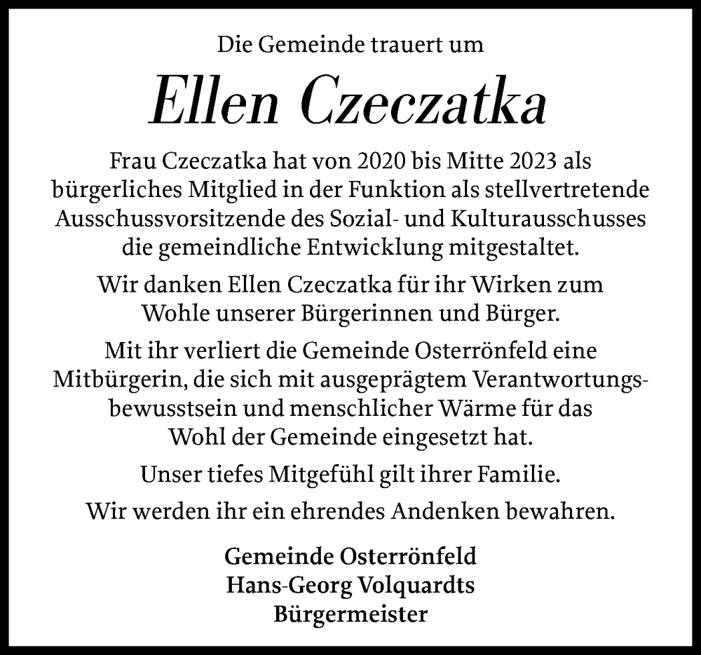  Traueranzeige für Ellen Czeczatka vom 14.02.2026 aus Schleswig-Holsteinische Landeszeitung