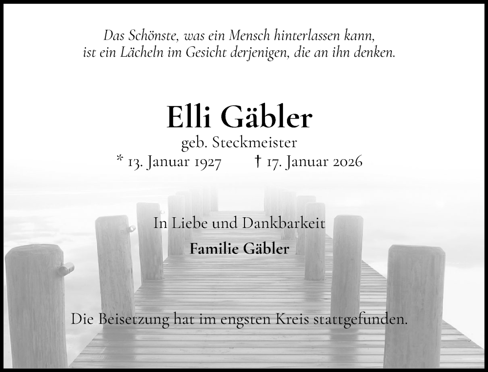  Traueranzeige für Elli Gäbler vom 14.02.2026 aus Wedel-Schulauer Tageblatt, tip Wedel-Schulauer Tageblatt, tip Rissener Rundschau