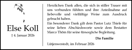 Traueranzeige von Else Koll von Schleswig-Holsteinische Landeszeitung