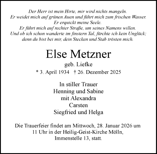Traueranzeige von Else Metzner von MARKT Ratzeburg/Mölln