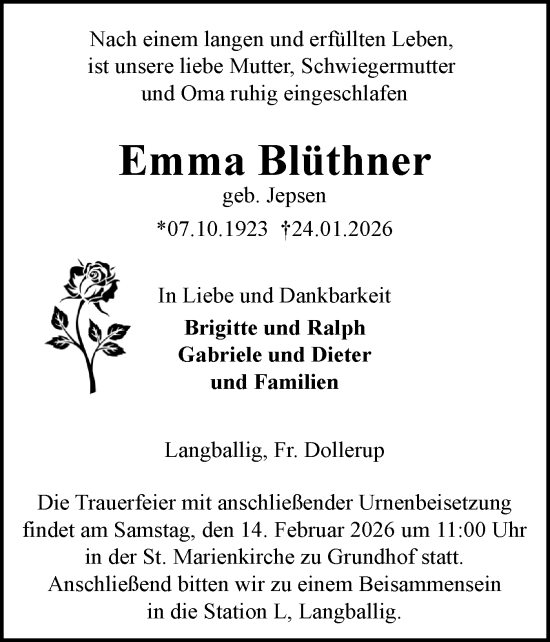 Traueranzeige von Emma Blüthner von Flensburger Tageblatt