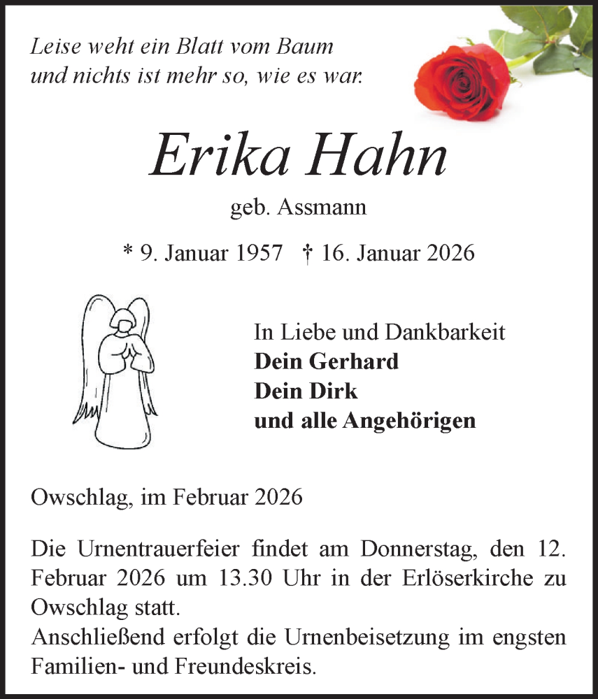  Traueranzeige für Erika Hahn vom 07.02.2026 aus Schleswig-Holsteinische Landeszeitung