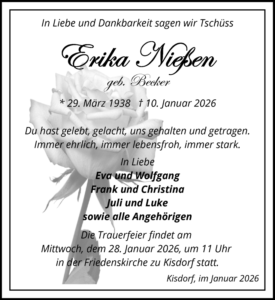 Traueranzeige für Erika Nießen vom 24.01.2026 aus Umschau