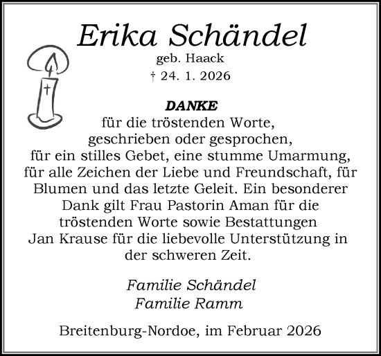 Traueranzeige von Erika Schändel von Norddeutsche Rundschau, Wilstersche Zeitung, Glückstädter Fortuna