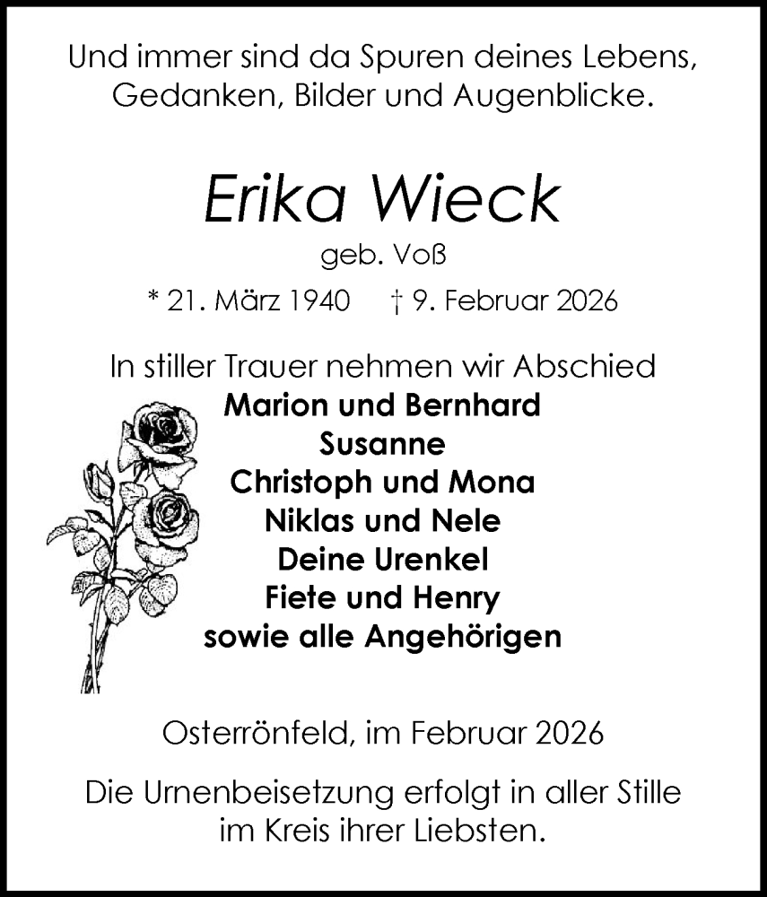  Traueranzeige für Erika Wieck vom 21.02.2026 aus Schleswig-Holsteinische Landeszeitung