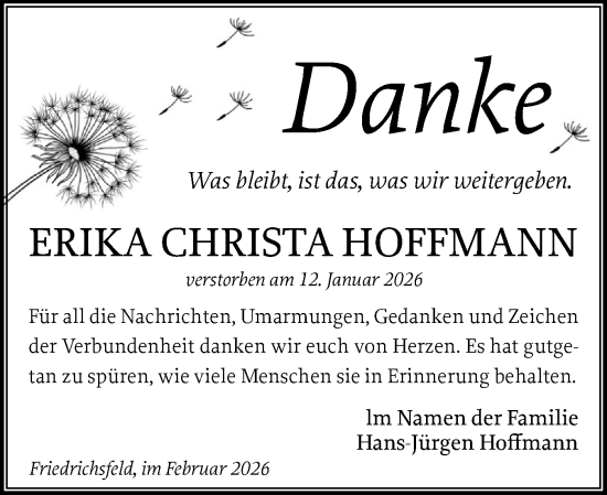 Traueranzeige von Erika Christa Hoffmann von Schleswiger Nachrichten, Schlei-Bote