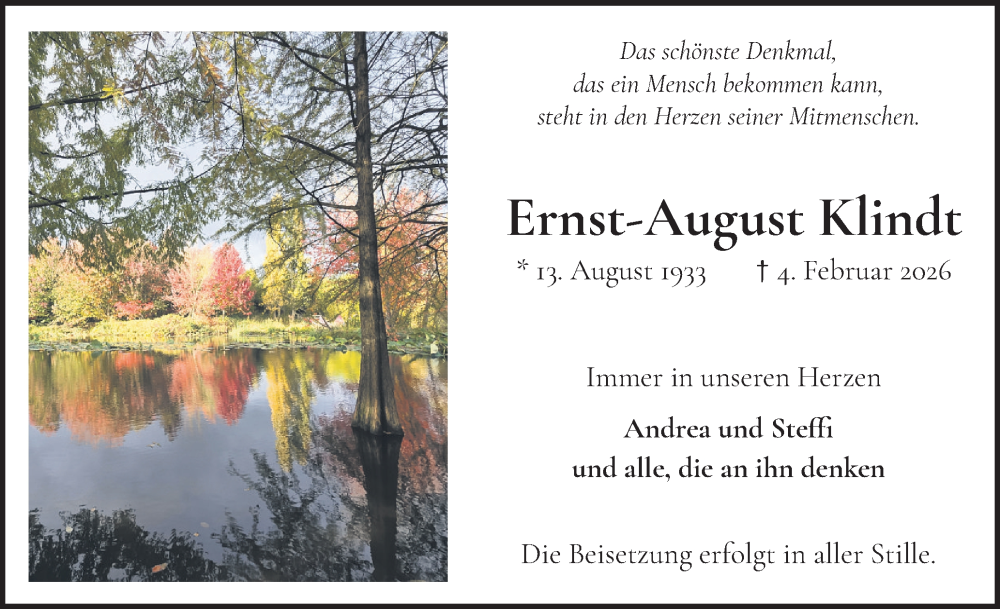  Traueranzeige für Ernst-August Klindt vom 14.02.2026 aus Wedel-Schulauer Tageblatt, tip Wedel-Schulauer Tageblatt, tip Rissener Rundschau