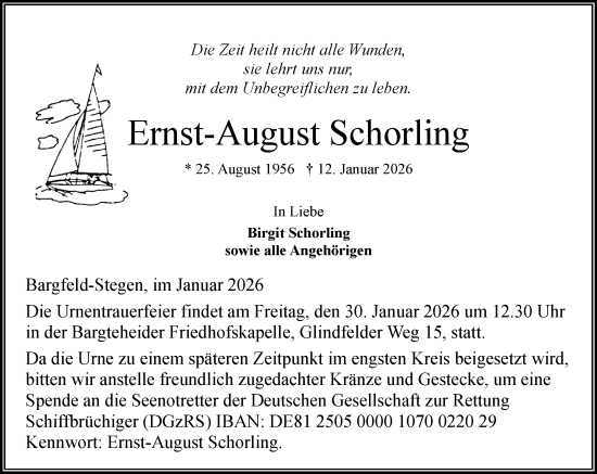 Traueranzeige von Ernst-August Schorling von MARKT Ahrensburg/Bargteheide/Trittau und Stormarner Tageblatt