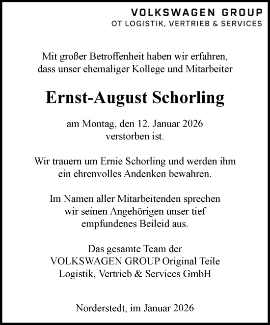 Traueranzeige von Ernst-August Schorling von Heimatspiegel