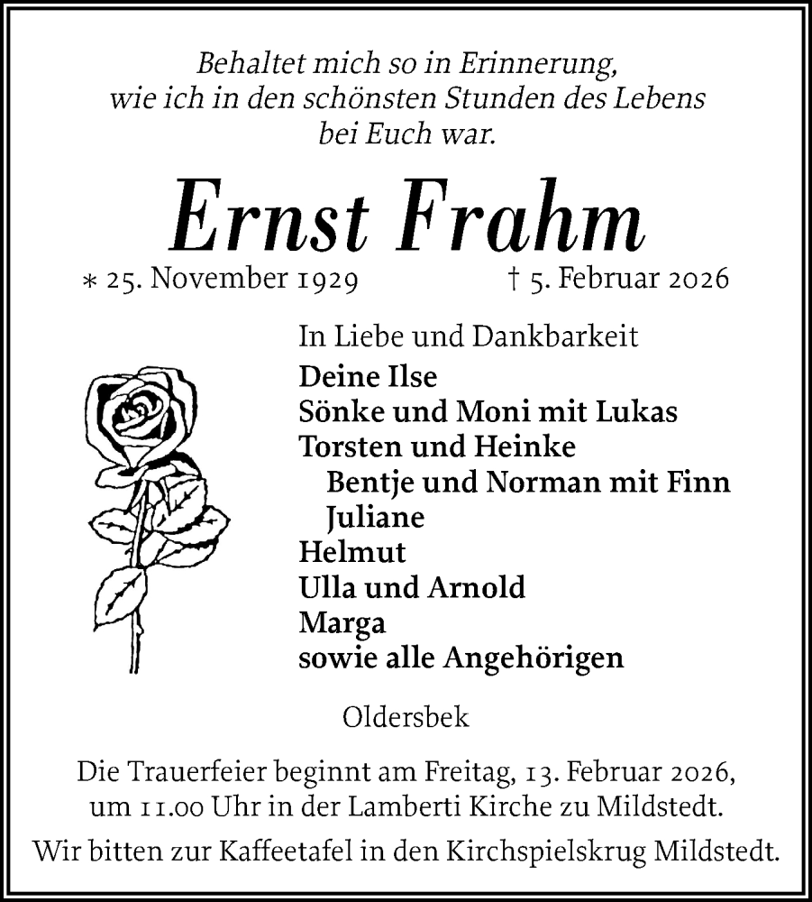  Traueranzeige für Ernst Frahm vom 10.02.2026 aus Husumer Nachrichten, Nordfriesland Tageblatt