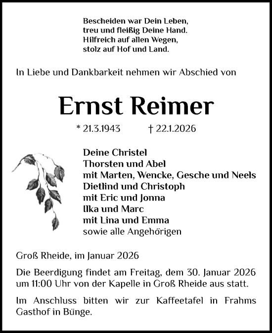 Traueranzeige von Ernst Reimer von Schleswiger Nachrichten, Schlei-Bote