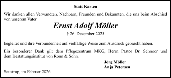 Traueranzeige von Ernst Adolf Möller von Flensburger Tageblatt, Schleswiger Nachrichten, Schlei-Bote