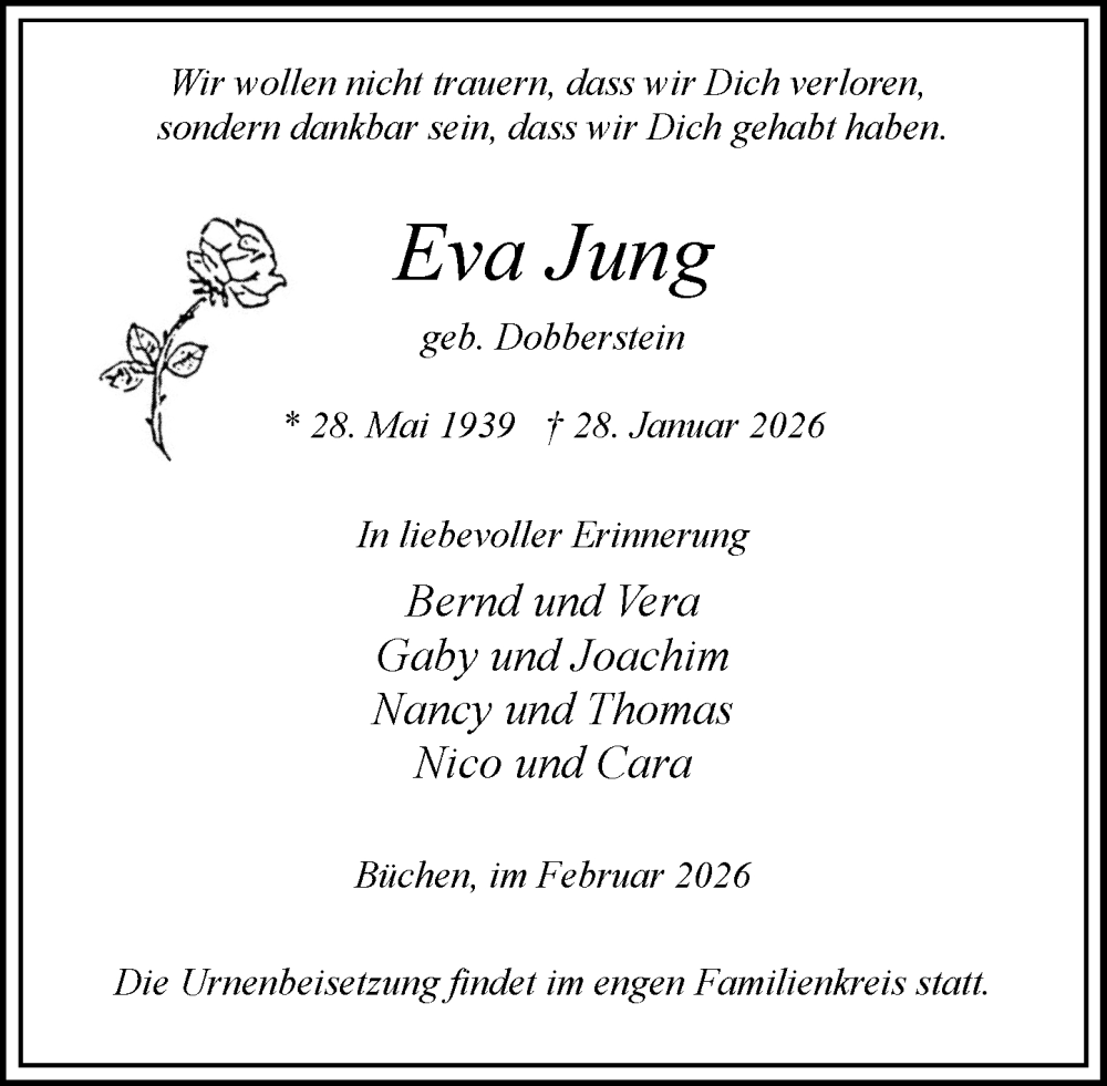  Traueranzeige für Eva Jung vom 07.02.2026 aus Wochenend Anzeiger