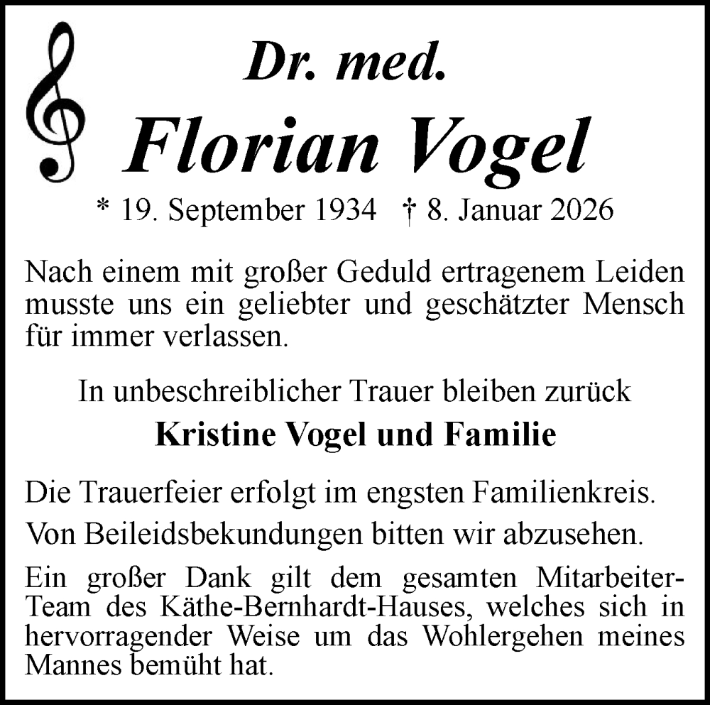  Traueranzeige für Florian Vogel vom 24.01.2026 aus Husumer Nachrichten, Nordfriesland Tageblatt