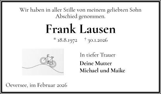 Traueranzeige von Frank Lausen von Flensburger Tageblatt