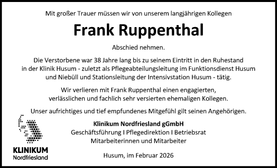 Traueranzeige von Frank Ruppenthal von Husumer Nachrichten, Nordfriesland Tageblatt