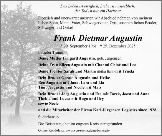 Traueranzeige von Frank Dietmar Augustin von Schleswiger Nachrichten, Schlei-Bote