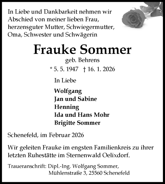 Traueranzeige von Frauke Sommer von Norddeutsche Rundschau, Wilstersche Zeitung, Glückstädter Fortuna