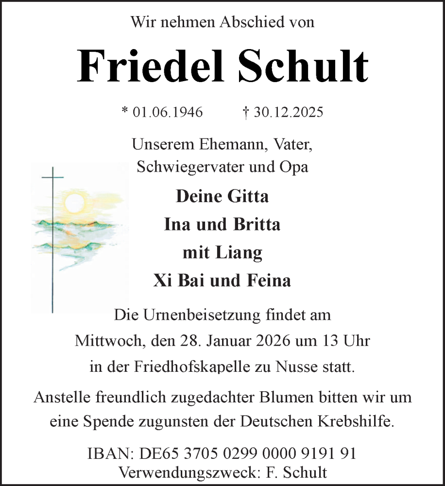  Traueranzeige für Friedel Schult vom 24.01.2026 aus MARKT Ratzeburg/Mölln