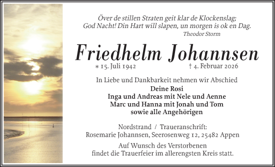 Traueranzeige von Friedhelm Johannsen von Husumer Nachrichten, Nordfriesland Tageblatt