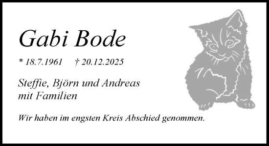 Traueranzeige von Gabi Bode von MARKT Ratzeburg/Mölln