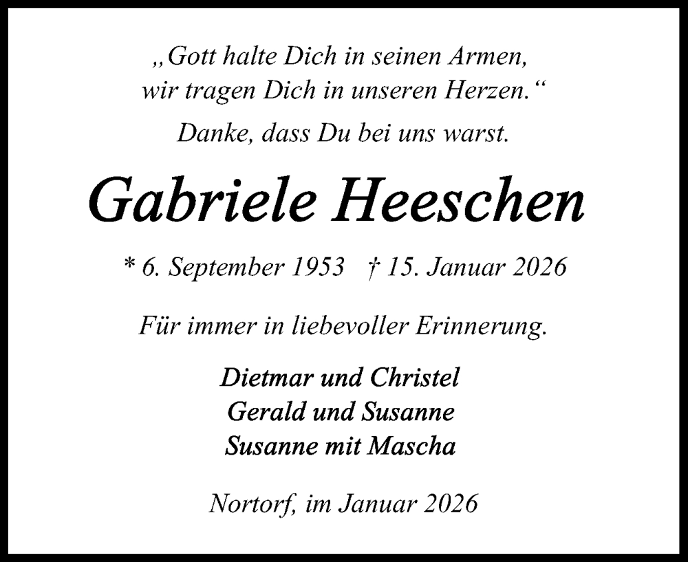  Traueranzeige für Gabriele Heeschen vom 24.01.2026 aus Schleswig-Holsteinische Landeszeitung