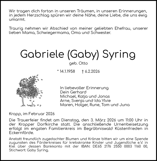 Traueranzeige von Gabriele Syring von Schleswiger Nachrichten, Schlei-Bote