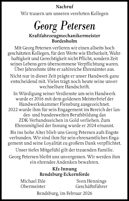 Traueranzeige von Georg Petersen von Schleswig-Holsteinische Landeszeitung