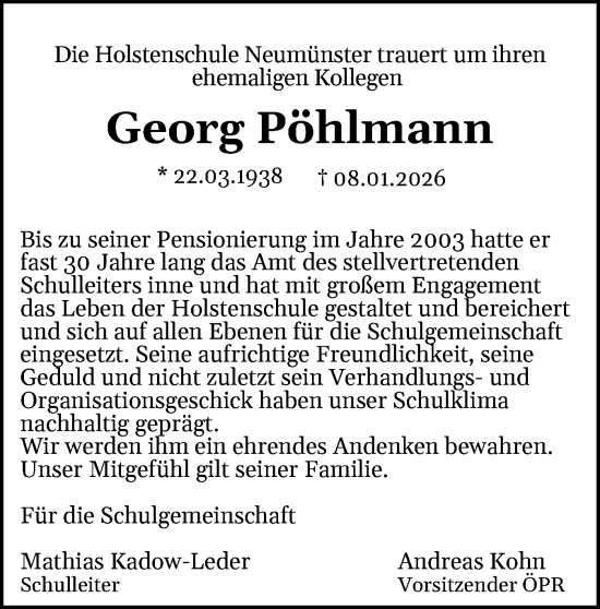 Traueranzeige von Georg Pöhlmann von Holsteinischer Courier