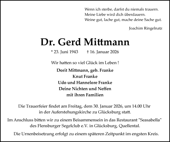 Traueranzeige von Gerd Mittmann von Flensburger Tageblatt, Schleswiger Nachrichten, Schlei-Bote