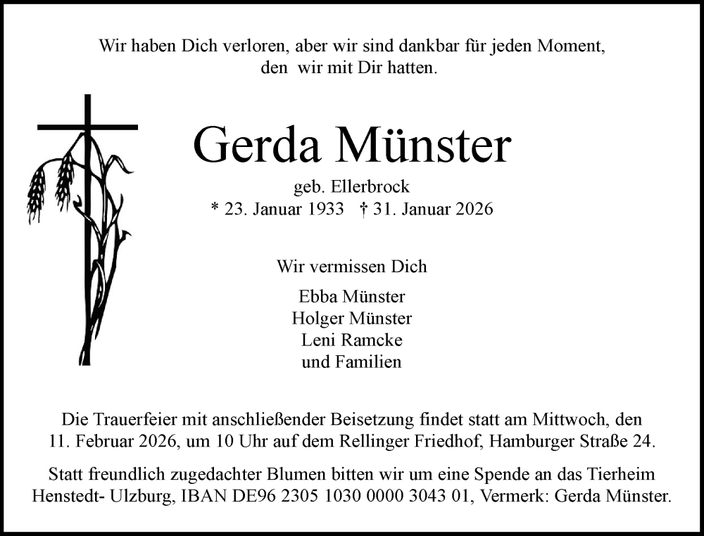  Traueranzeige für Gerda Münster vom 07.02.2026 aus Region Pinneberg und tip Pinneberg