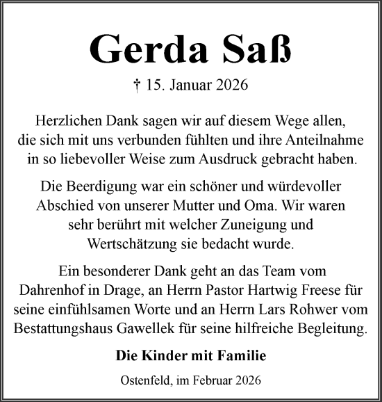 Traueranzeige von Gerda Saß von Husumer Nachrichten, Nordfriesland Tageblatt