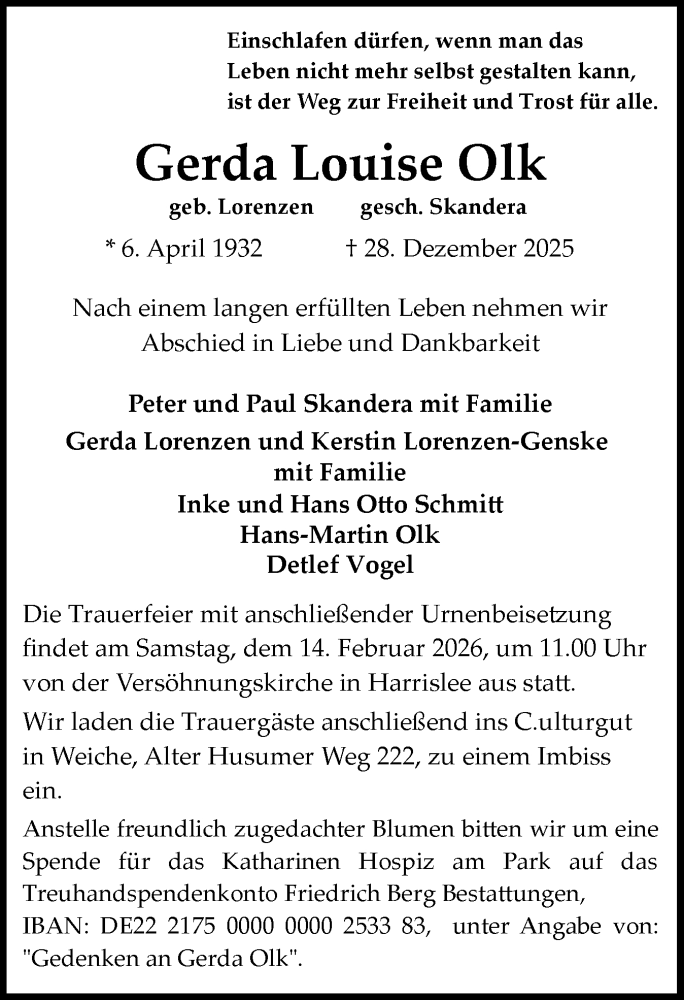  Traueranzeige für Gerda Louise Olk vom 07.02.2026 aus Flensburger Tageblatt