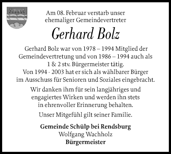 Traueranzeige von Gerhard Bolz von Schleswig-Holsteinische Landeszeitung