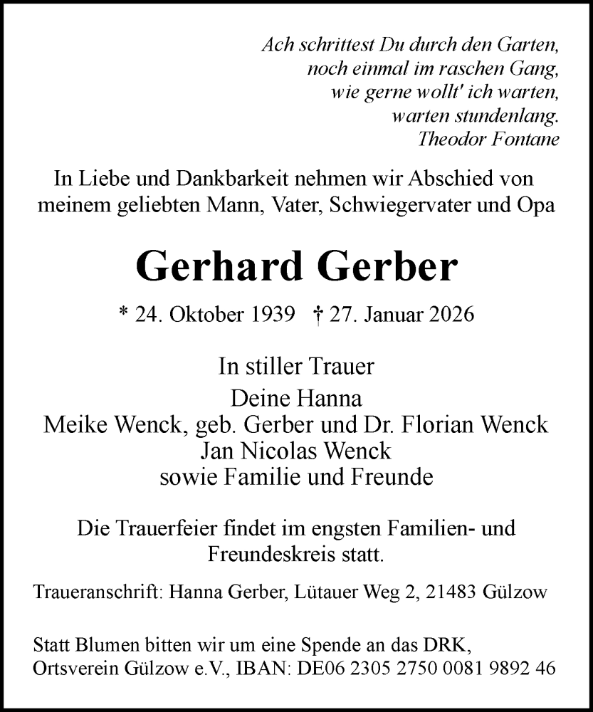  Traueranzeige für Gerhard Gerber vom 14.02.2026 aus Wochenend Anzeiger