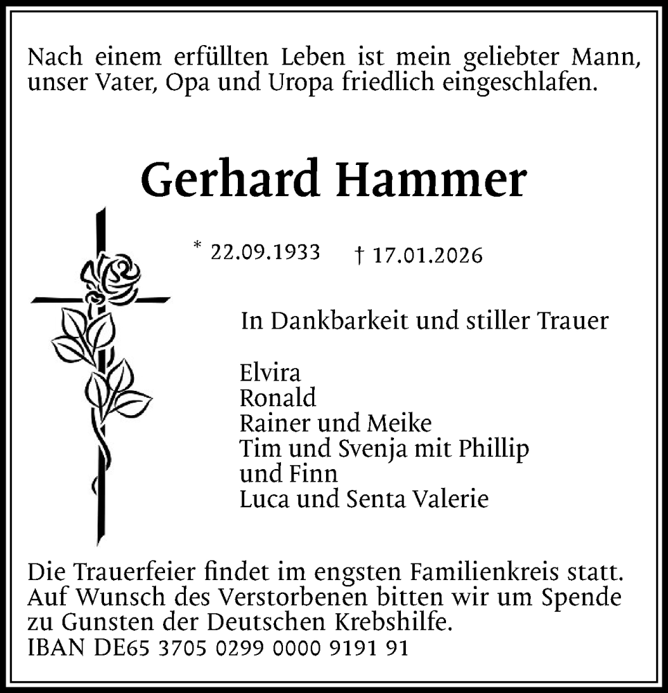  Traueranzeige für Gerhard Hammer vom 24.01.2026 aus Region Flensburg