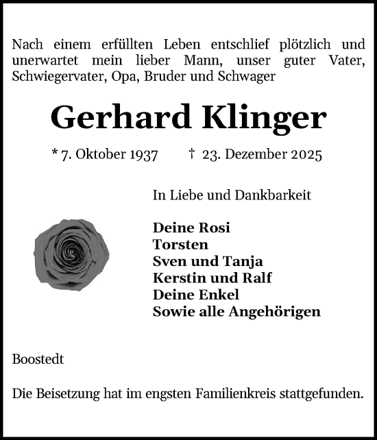 Traueranzeige von Gerhard Klinger von Holsteinischer Courier