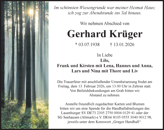 Traueranzeige von Gerhard Krüger von Wochenend Anzeiger